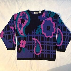 Vintage Int. Stefano Sportswear paisley floral sweater M black pink purple bold